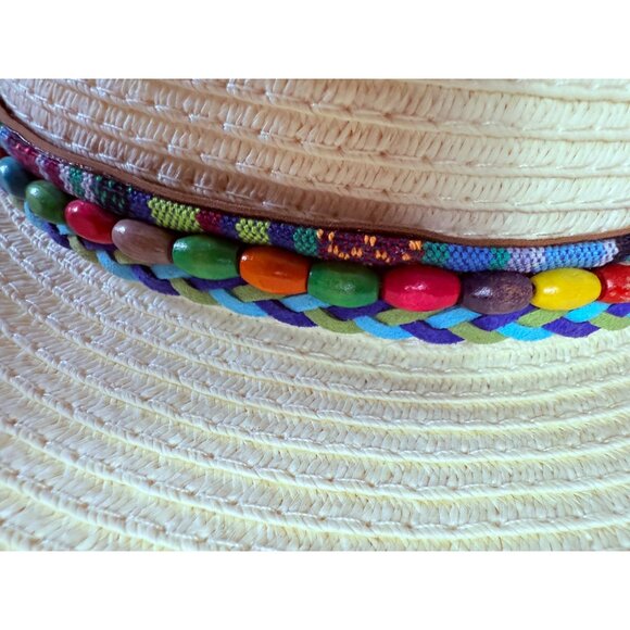 Jacobson Hats Ivory Wide Brim Straw Sun Hat Colorful Beaded Band Cruise Vacation - Picture 4 of 11